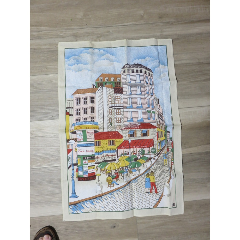 Vintage Eli Paris French Street Scene Tea Towel Paris Cafe Kiosk Illustration